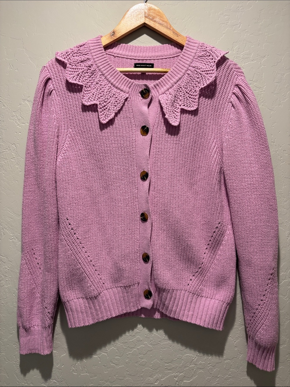 Who What Wear Mauve Pink Crochet Collar Cardigan